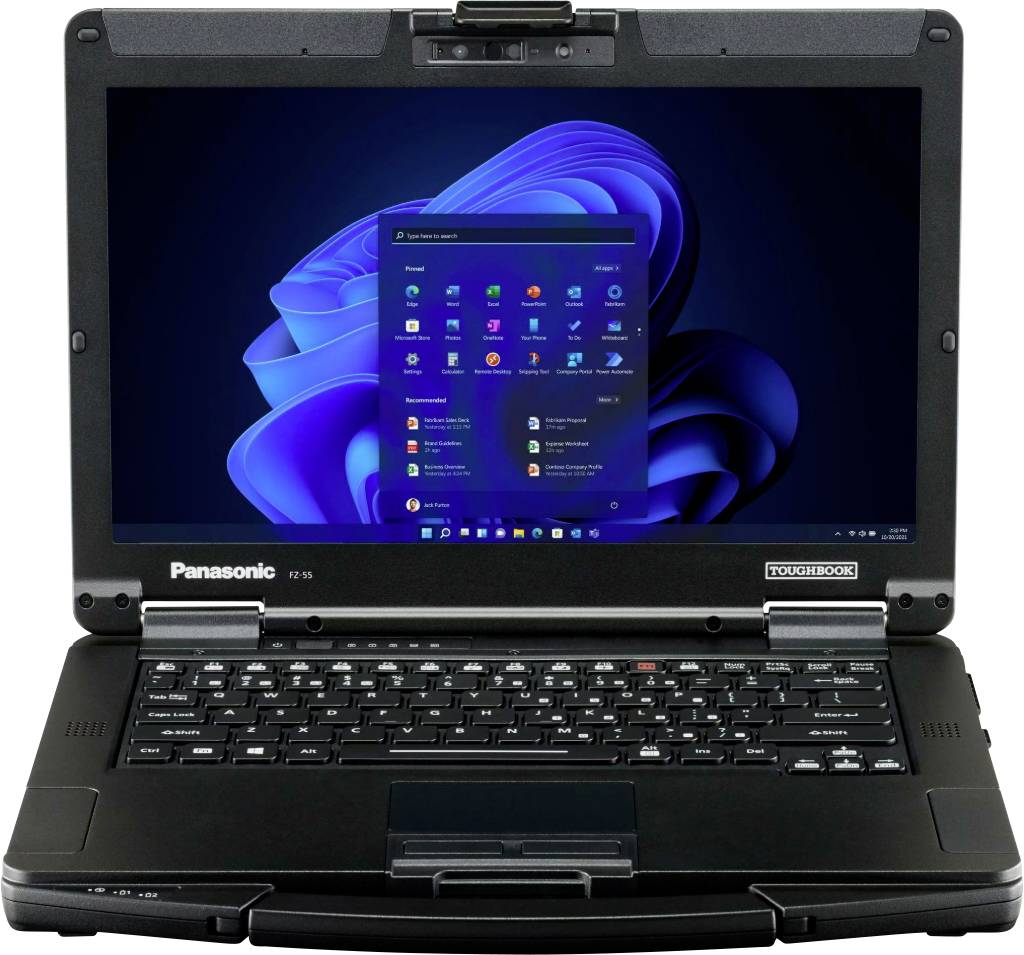 Robuster Laptop mit geöffneter Windows 11 Startseite auf dem Display, Markenname 'Panasonic' unten auf dem Bildschirm sichtbar.