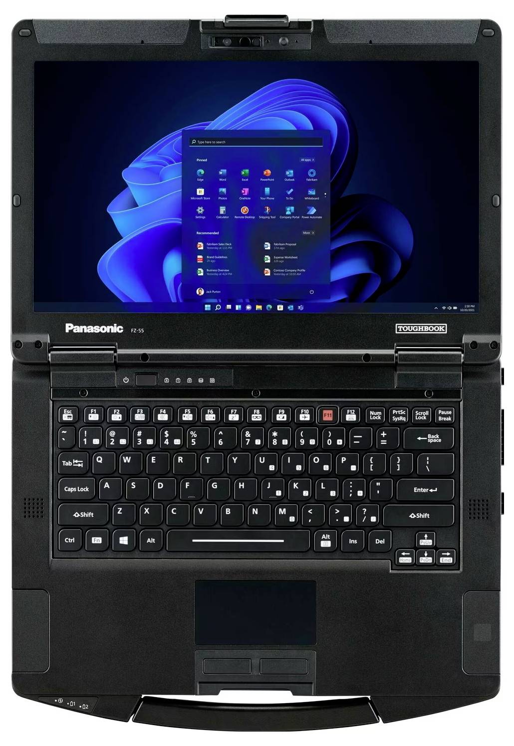 Ein robustes, aufgeklapptes schwarzes Laptop zeigt den Windows-Startbildschirm. Das Gerät zeigt ein strapazierfähiges und widerstandsfähiges Design.
