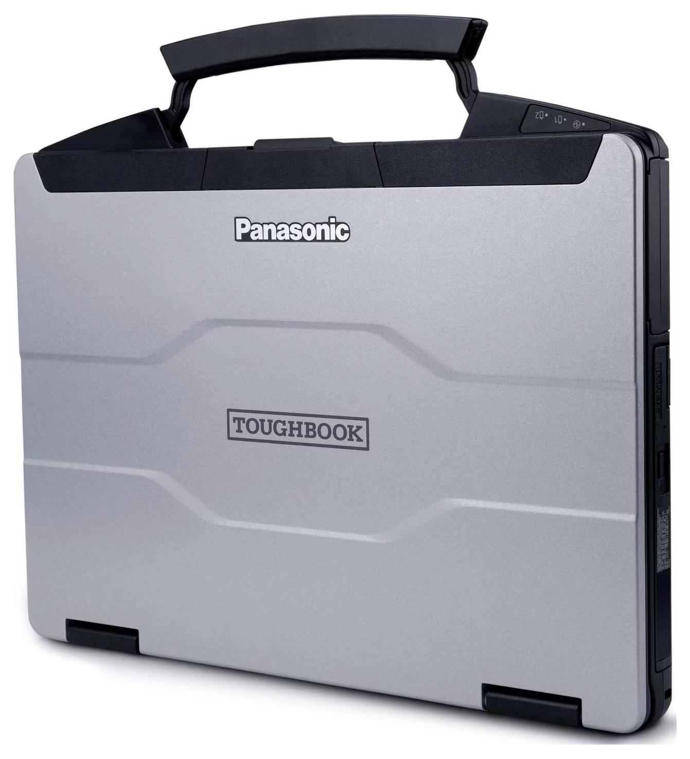 Ein grauer Panasonic Toughbook Laptop mit geschlossenem Deckel, robustes Design und Griff für einfaches Tragen.