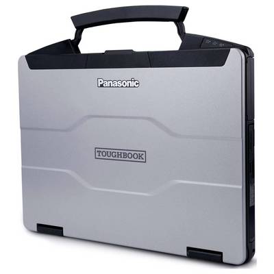 Ein grauer Panasonic Toughbook Laptop mit geschlossenem Deckel, robustes Design und Griff für einfaches Tragen.