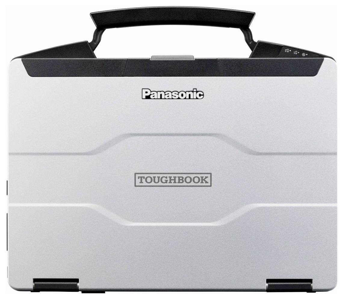 Robuster, silberner Laptop der Marke Panasonic, Modell Toughbook, geschlossen, mit schwarzem Tragegriff, geeignet für Außenbedingungen.