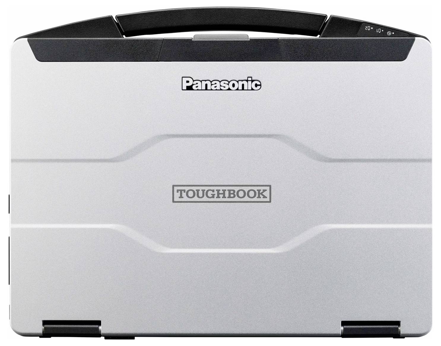 Ein geschlossenes Panasonic Toughbook, silbergrau mit robustem Design, auf einer weißen Oberfläche liegend.