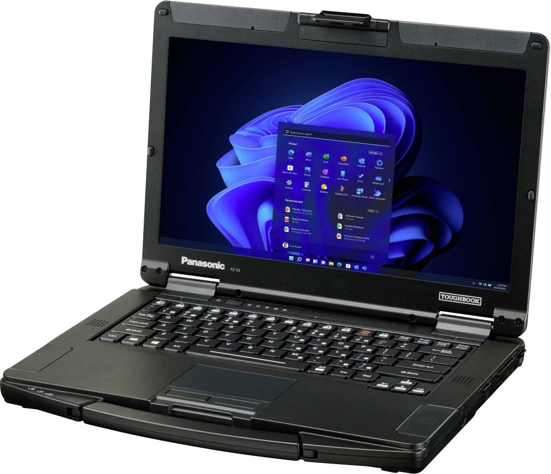 Ein Laptop mit geöffneter Windows-Startseite auf dem Bildschirm, robustes Design, geeignet für anspruchsvolle Umgebungen.
