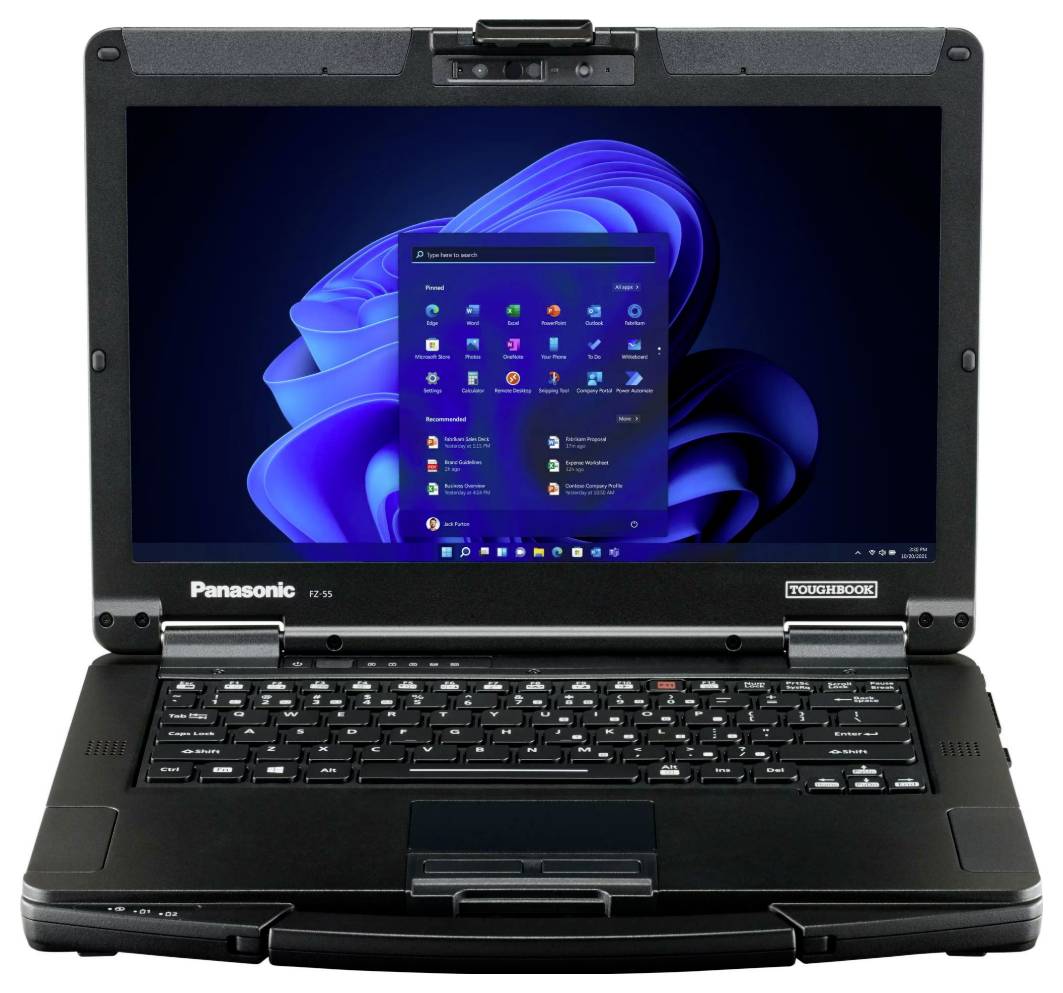 Ein schwarzes Laptop mit geöffnetem Bildschirm zeigt das Startmenü von Windows 11. Das Markenlogo ist unter dem Bildschirm sichtbar.