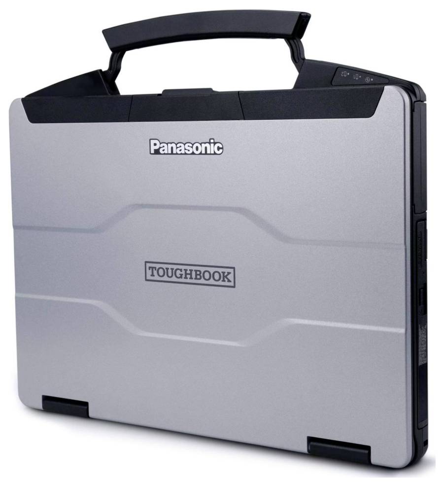 Geschlossener silberner Panasonic Toughbook mit Griff, robustes Design für den Einsatz in anspruchsvollen Umgebungen.