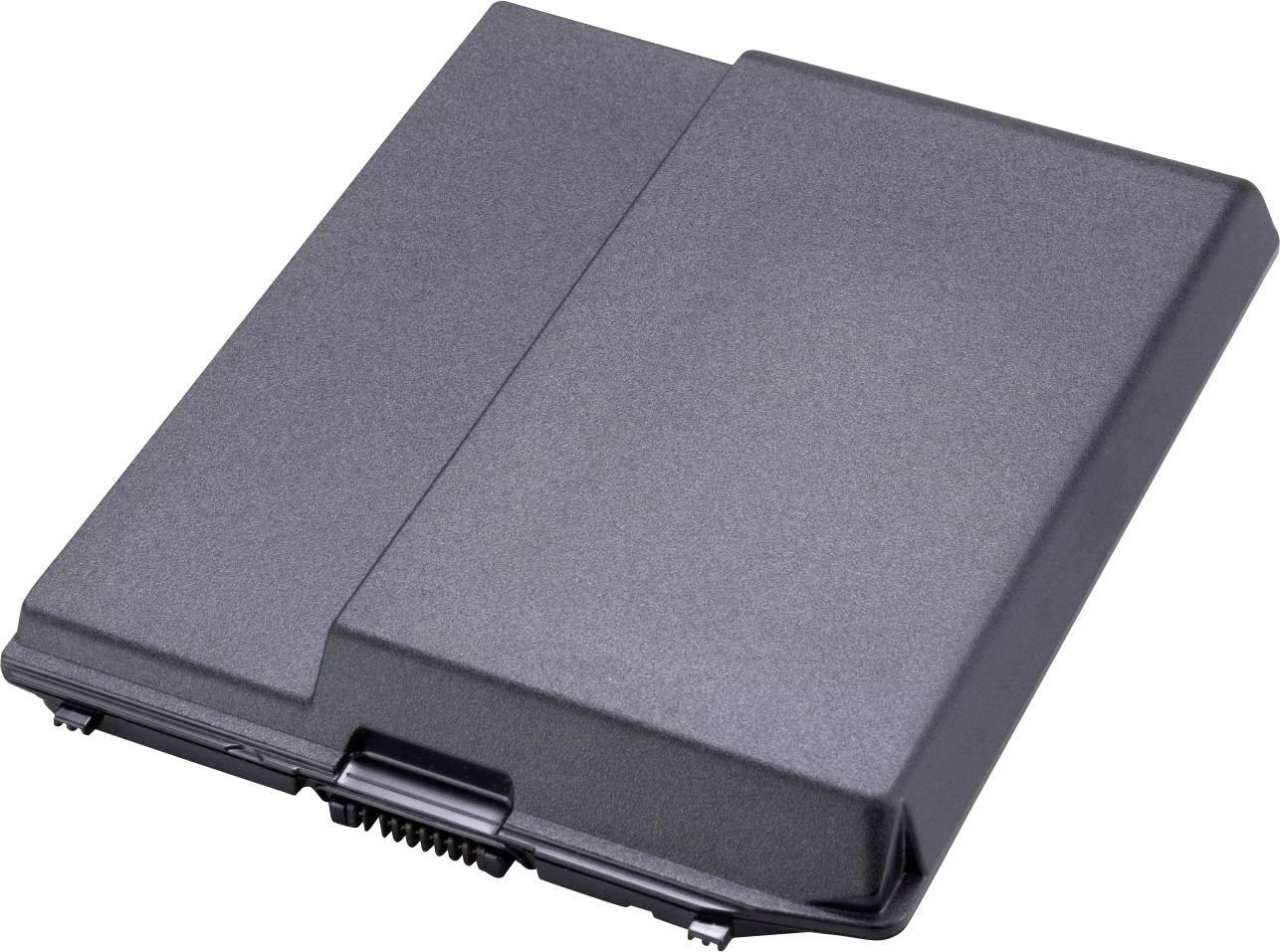 Ein rechteckiger, schwarzer Laptop-Akku mit glatter Oberfläche; Vorderseite zeigt Kontaktstellen für die Verbindung zum Gerät.