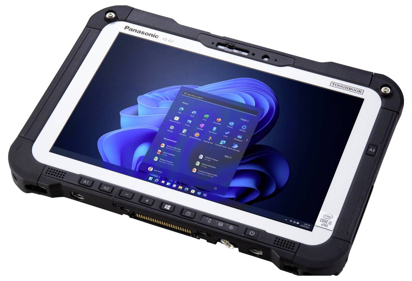 Strapazierfähiges Panasonic-Tablet in schwarzem Gehäuse, zeigt Windows 11-Startbildschirm. Ideal für anspruchsvolle Umgebungen.