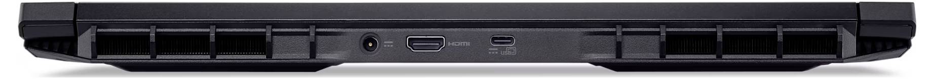Rückansicht eines schwarzen Laptops mit Kühlungsschlitzen und mehreren Anschlüssen, darunter ein USB-Anschluss und ein HDMI-Eingang, die für Konnektivität verwendet werden.