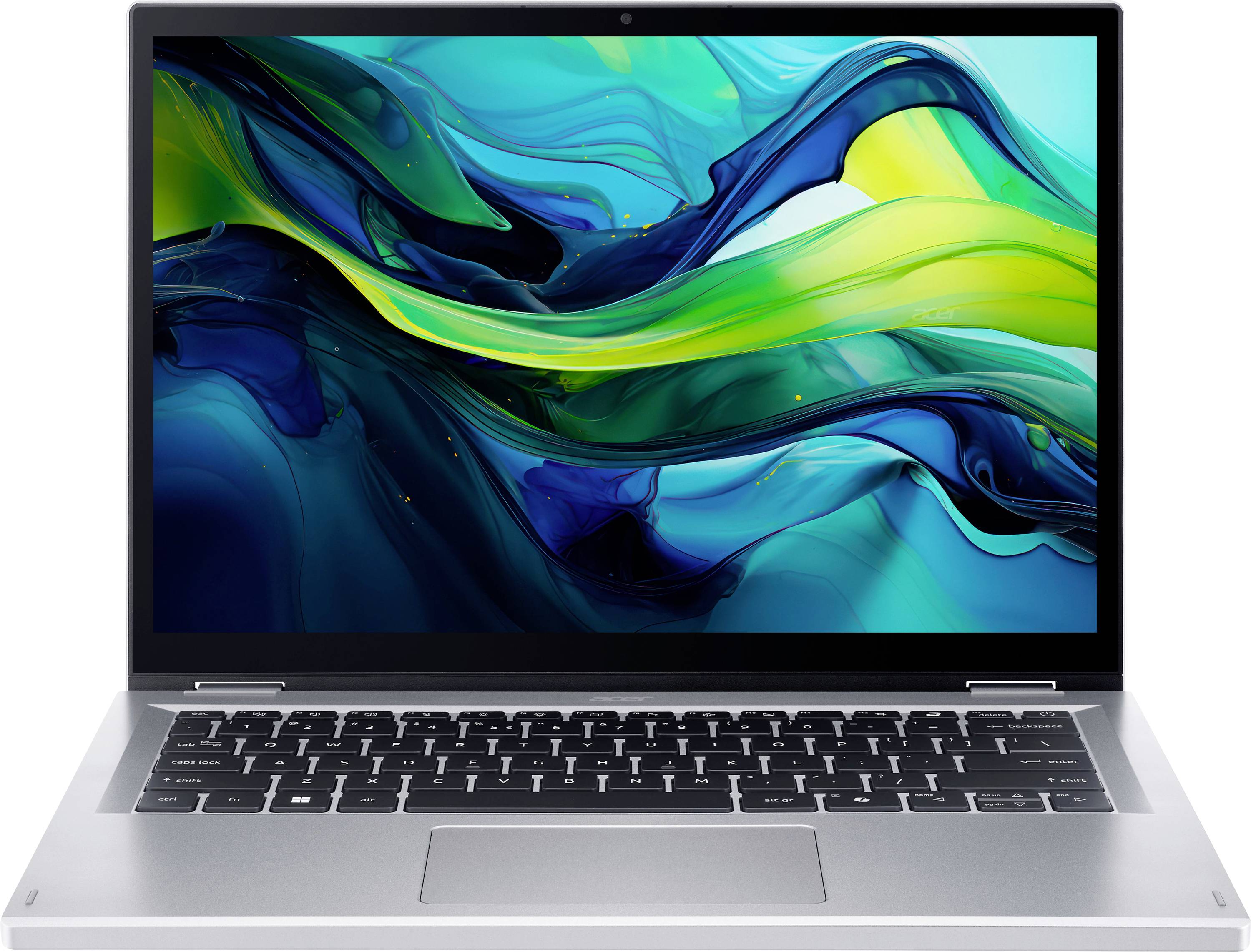 Ein silberner Laptop mit einem lebhaften abstrakten grün-blauen Wirbel-Design auf dem Bildschirm, von vorne betrachtet.