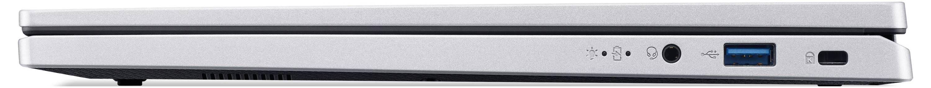 Ein schlanker, geschlossener silberner Laptop, von der Seite betrachtet, mit verschiedenen Anschlüssen und Steckverbindern, einschließlich USB, Audiobuchse und Stromanschluss.