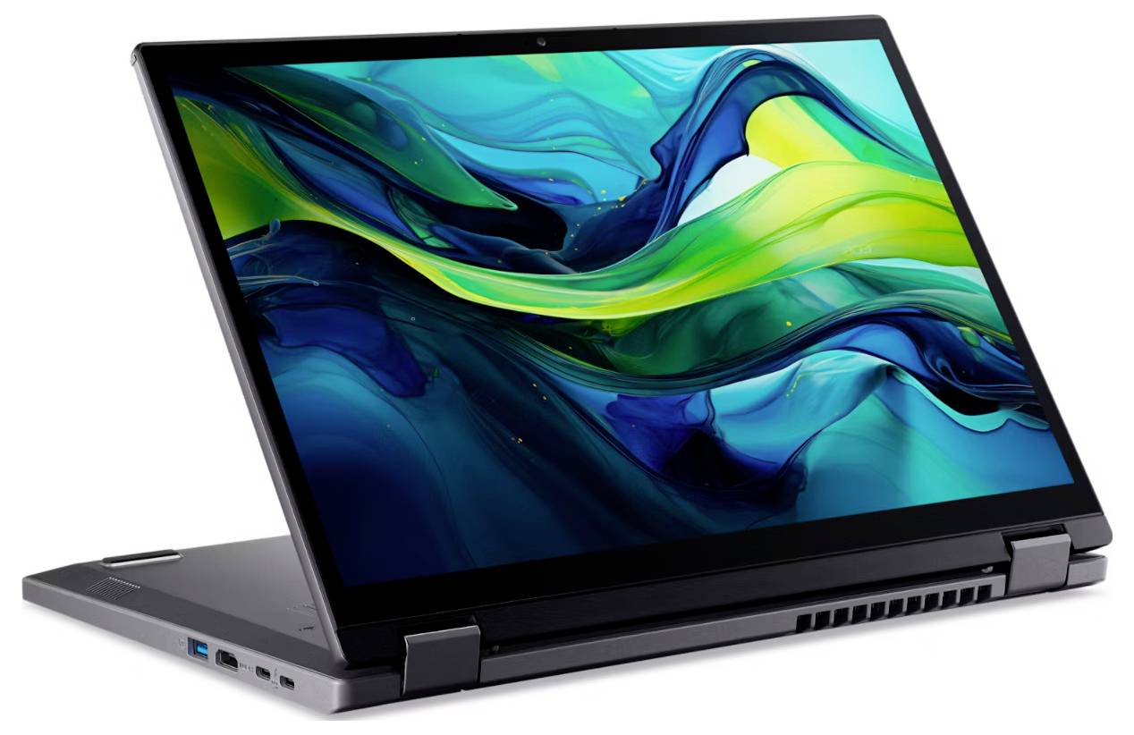 Ein Laptop im Zeltmodus, der einen lebhaften abstrakten Bildschirm mit blauen und grünen Wirbeln zeigt, vor einem weißen Hintergrund.