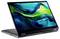 Ein Laptop im Zeltmodus, der einen lebhaften abstrakten Bildschirm mit blauen und grünen Wirbeln zeigt, vor einem weißen Hintergrund.