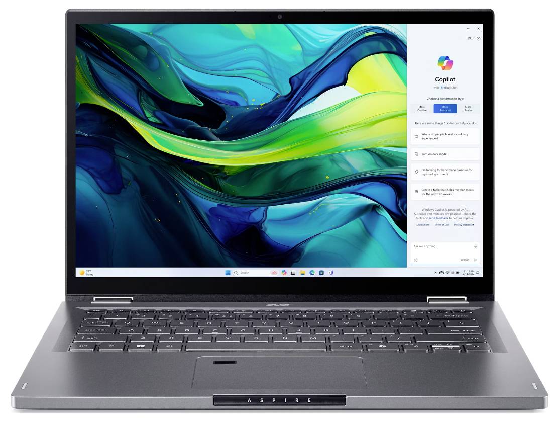 Ein Laptop, der ein buntes abstraktes Design auf dem Bildschirm zeigt, mit einer geöffneten Benutzeroberfläche auf der rechten Seite. Der Laptop ist vor einem schlichten Hintergrund platziert.