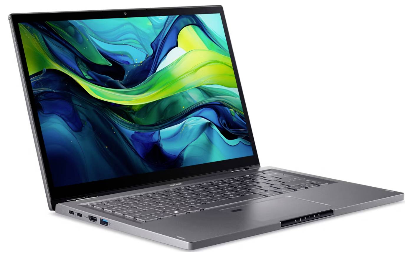 Ein schlankes, offenes silbernes Laptop mit einer lebendigen, abstrakten Tapete, die auf dem Bildschirm geschwungene blaue und grüne Muster zeigt, in einem leichten Winkel positioniert.
