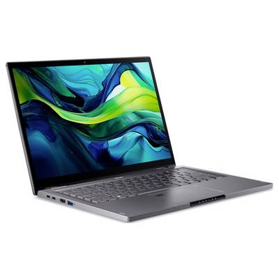 Ein schlankes, offenes silbernes Laptop mit einer lebendigen, abstrakten Tapete, die auf dem Bildschirm geschwungene blaue und grüne Muster zeigt, in einem leichten Winkel positioniert.