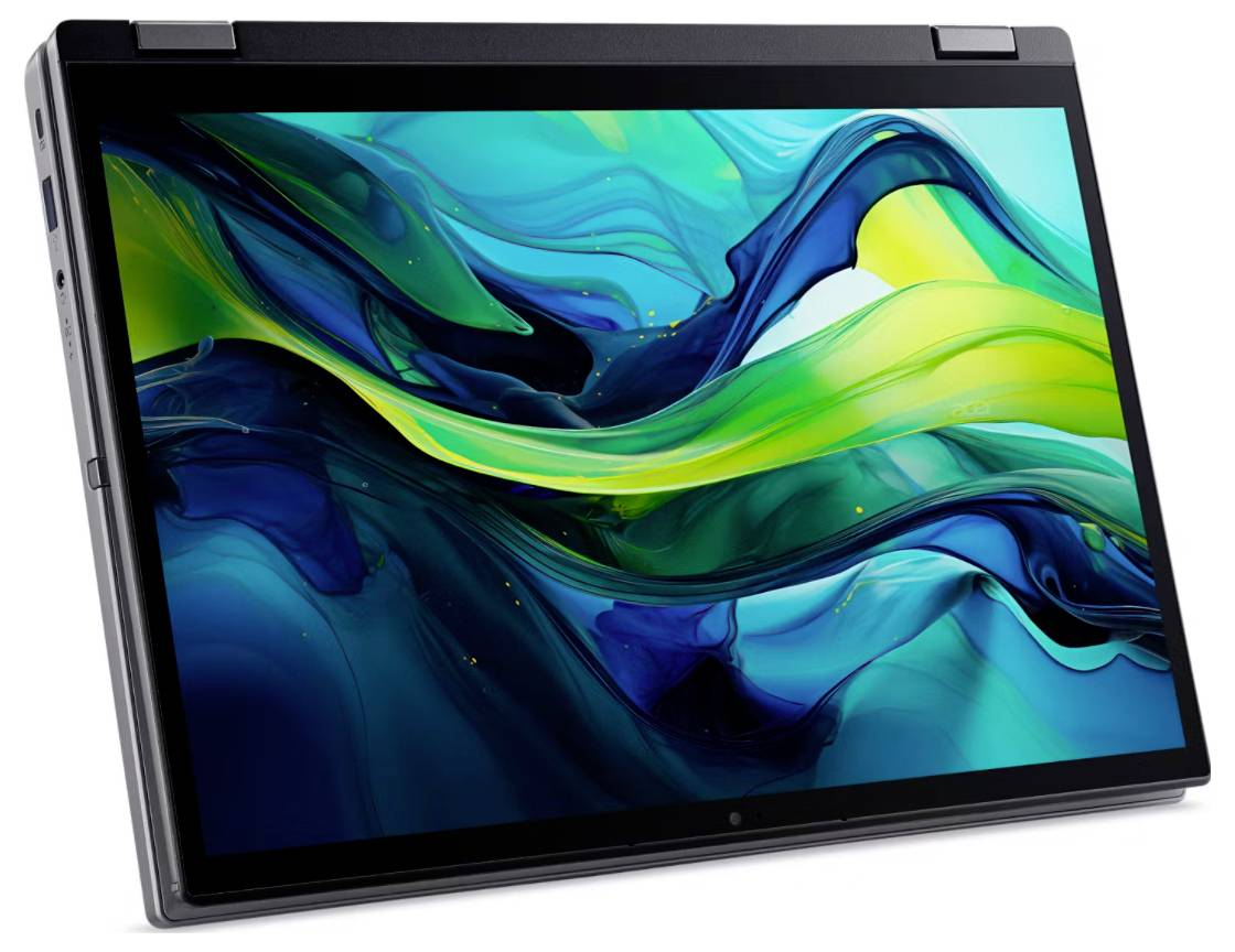 Ein Laptop im Tablet-Modus, der ein lebendiges abstraktes Design mit Wirbeln in Blau, Grün und Gelb auf dem Bildschirm zeigt.
