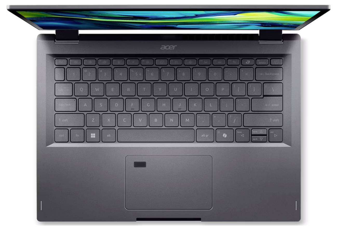 Eine Draufsicht eines geöffneten Laptops mit sichtbarer Tastatur und Trackpad. Auf dem Bildschirm ist ein grün-blau abstraktes Design zu sehen.