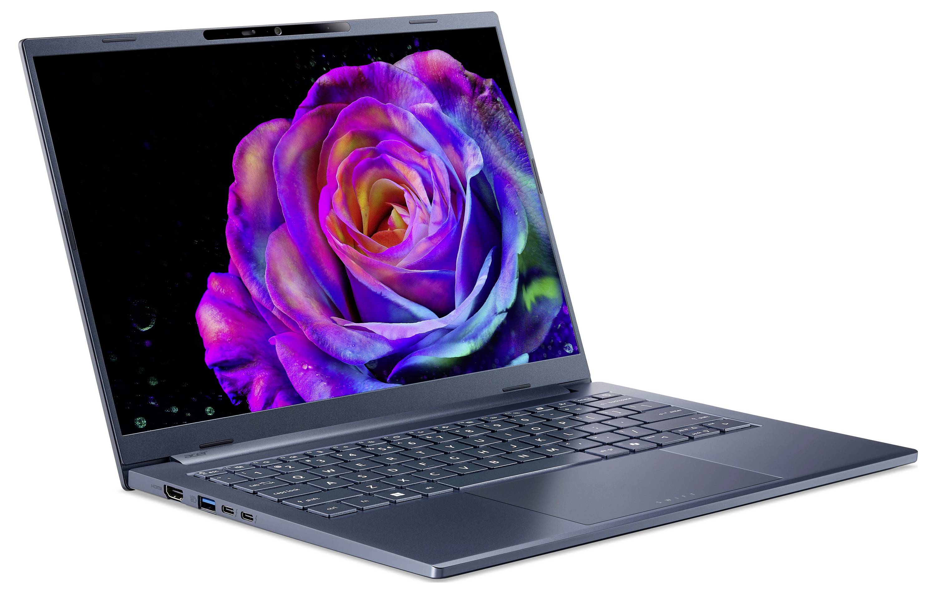 Ein schlankes, offenes Laptop, das eine lebendige, mehrfarbige Rose auf dem Bildschirm zeigt, vor einem dunklen Hintergrund.