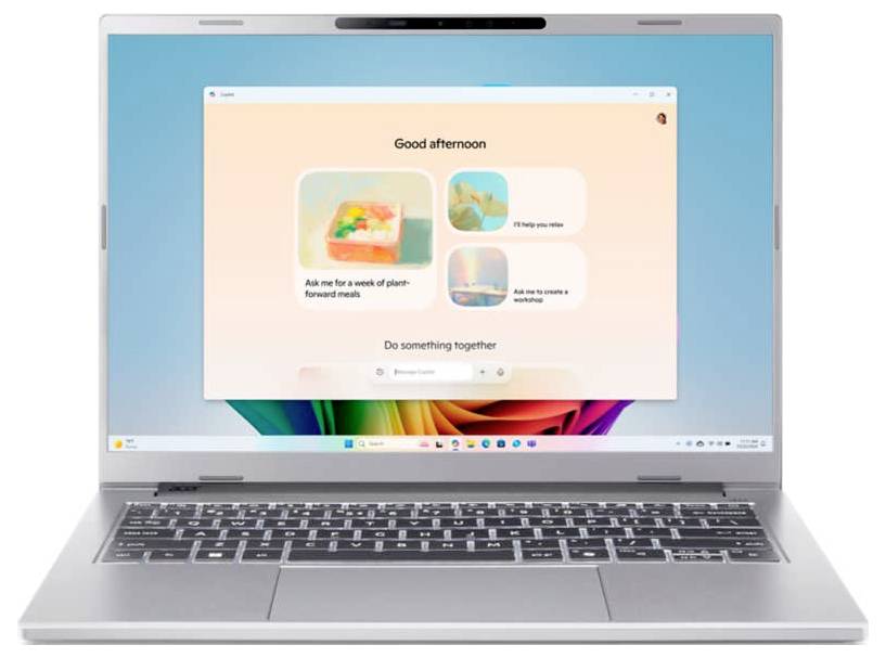 Laptop zeigt einen Bildschirm mit vier Optionen: „Guten Tag", Mahlzeitenplanung, Erinnerung an Bewegung, Ausflugstipp und Aufforderung zu sozialer Aktivität.