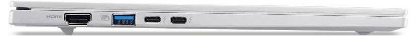 Seitenansicht eines weißen Laptops mit Anschlüssen: HDMI, USB-A, USB-C und Audioeingang.