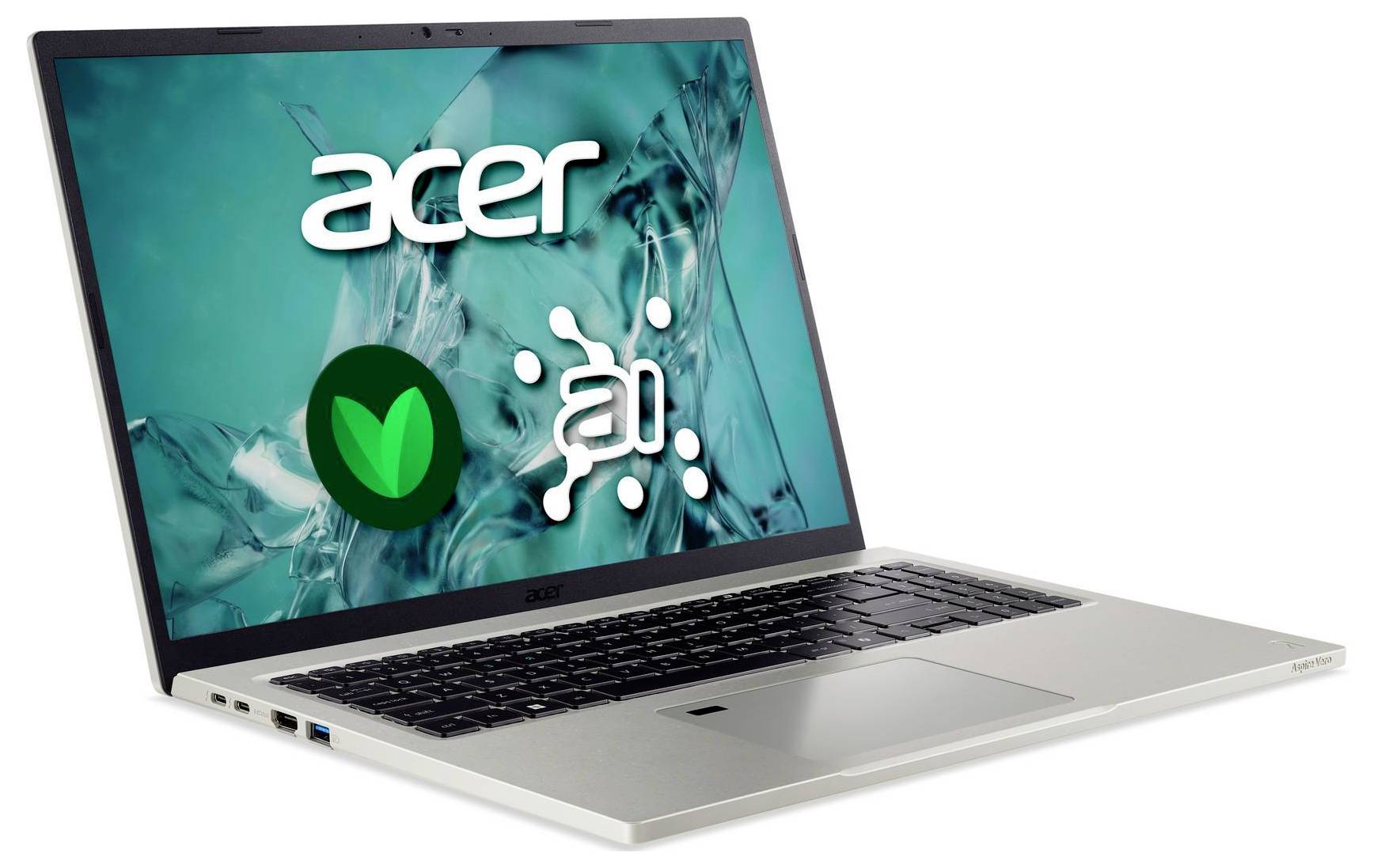 Ein silberner Acer-Laptop mit einem blauen abstrakten Design auf dem Bildschirm, auf dem prominent das Acer-Logo und zwei weitere Logos zu sehen sind.