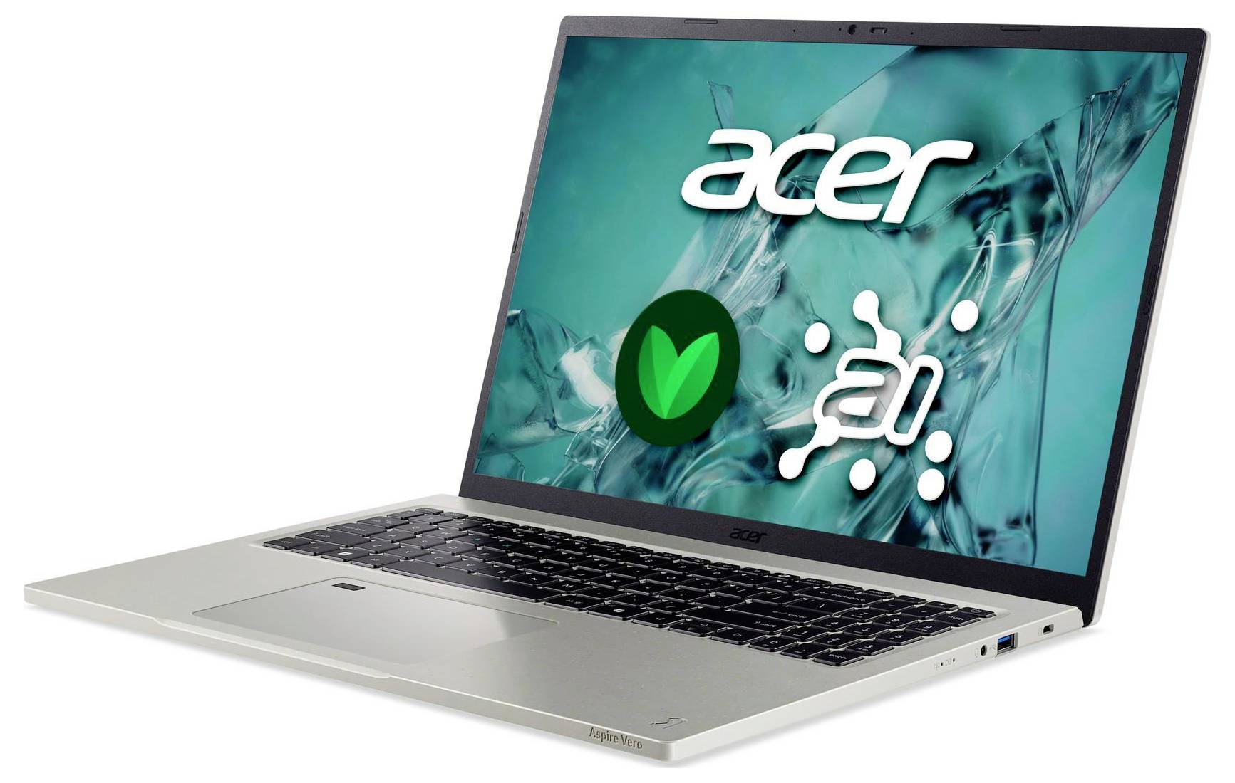 Ein silberner Acer-Laptop mit einem Bildschirm, auf dem das Acer-Logo und ein grünes Häkchen zu sehen sind, was auf einen erfolgreichen Vorgang oder Status hinweist.