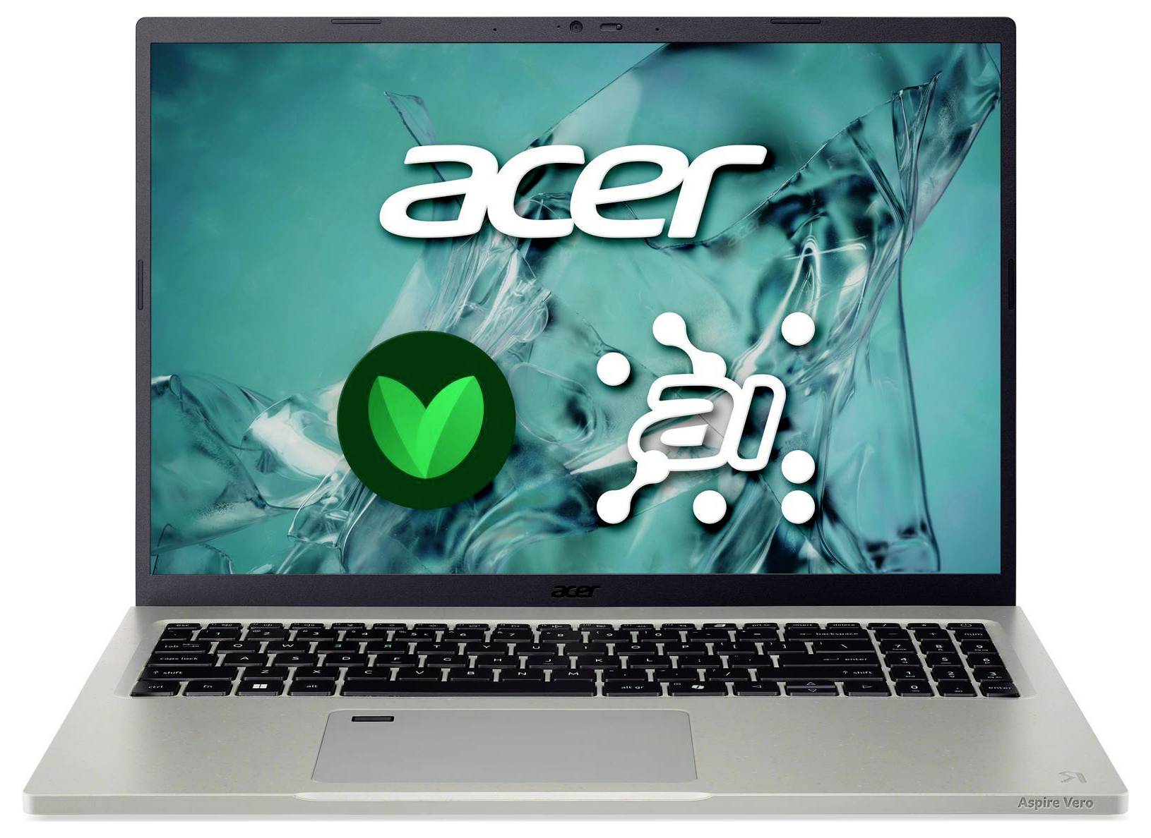 Acer-Laptop mit Logos beliebter Apps auf dem Bildschirm vor einem türkisfarbenen abstrakten Hintergrund.