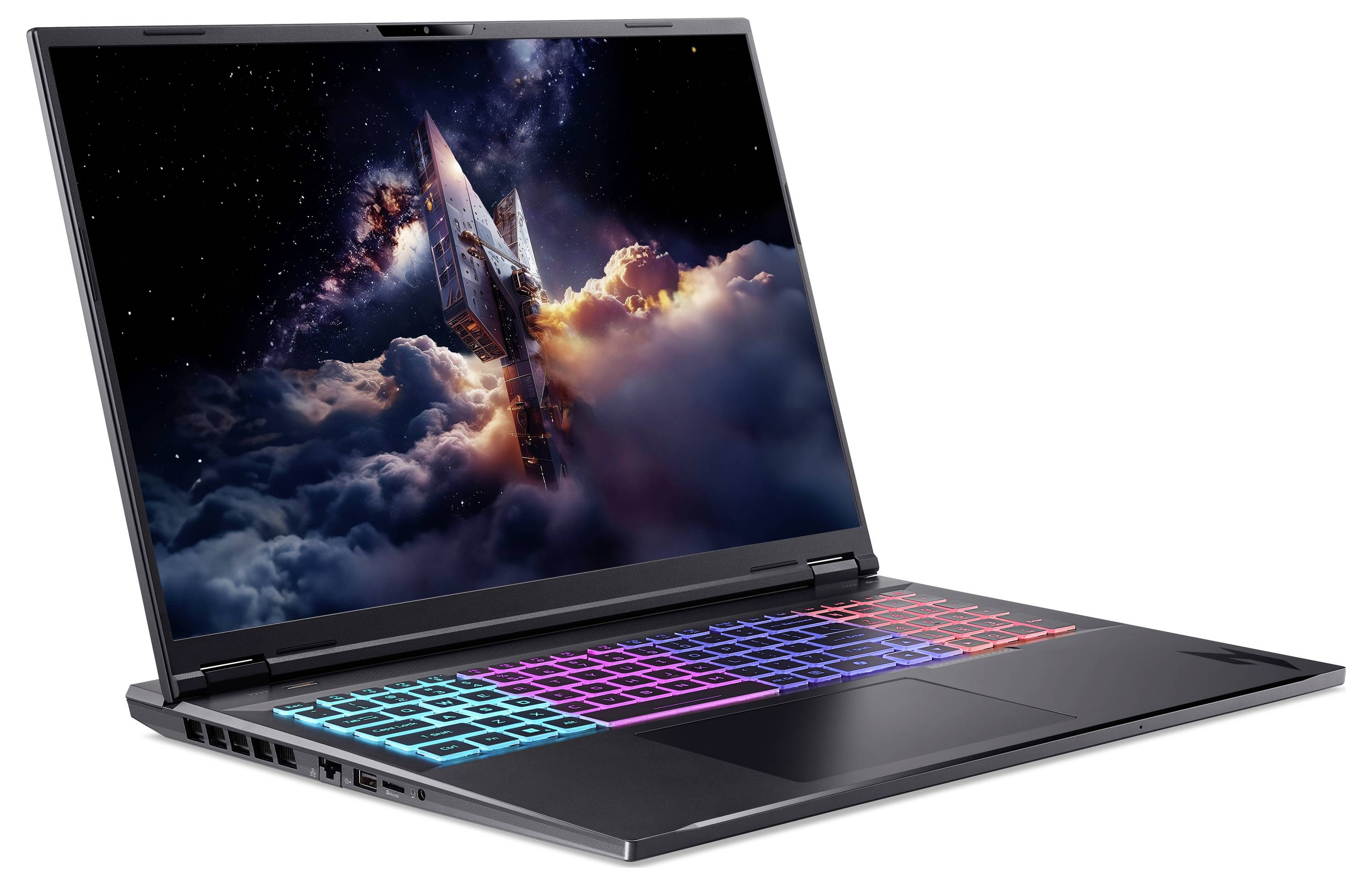 Ein schlankes Laptop mit einer farbenfrohen beleuchteten Tastatur zeigt ein Bild eines Raumschiffs, das durch Wolken vor einem sternenklaren Himmel gleitet.