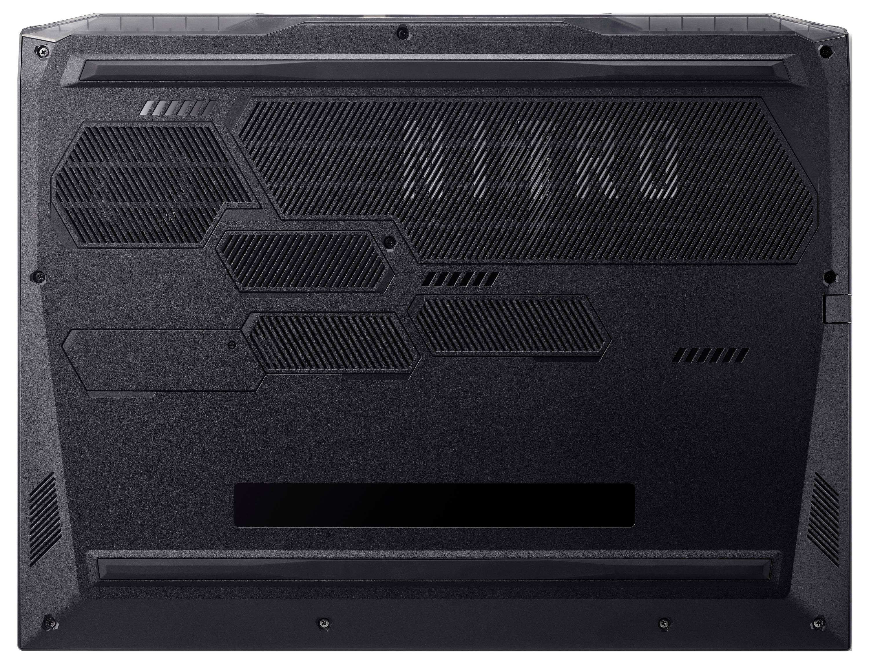 "MSI" ist auf einem schwarzen, sechseckig gemusterten Laptop-Bodenpanel geschrieben, das Lüftungsschlitze und ein schlankes Design für eine effiziente Kühlung aufweist.