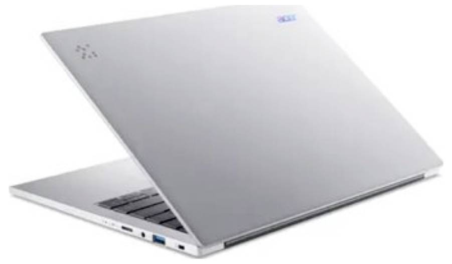 Ein silberner Laptop, teilweise geöffnet, mit Anschlüssen an der Seite und einem Logo auf der Rückseite, der vor einem einfarbigen weißen Hintergrund platziert ist.