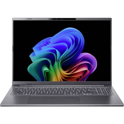 Ein schlankes Laptop mit einem farbenreichen abstrakten Design auf dem Bildschirm, das lebhafte blaue, grüne und rosa Wirbel auf einem schwarzen Hintergrund zeigt.