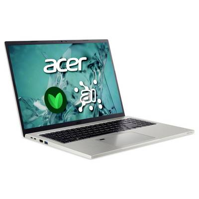 Ein silberner Acer-Laptop mit einem Bildschirm, auf dem ein Logo und Splash-Designs zu sehen sind.