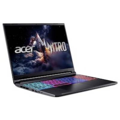 Acer Nitro Gaming-Laptop mit einer beleuchteten, farbenfrohen RGB-Tastatur, auf dessen Bildschirm ein weltraumthematisches Hintergrundbild zu sehen ist.