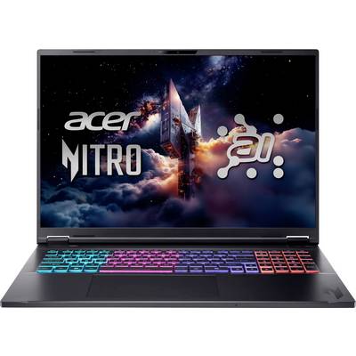 Ein Laptop, der ein farbenfrohes weltraumthematisches Hintergrundbild mit den Logos 'Acer Nitro' und 'AI' zeigt. Die Tastatur ist mit mehrfarbiger Hintergrundbeleuchtung illuminiert.