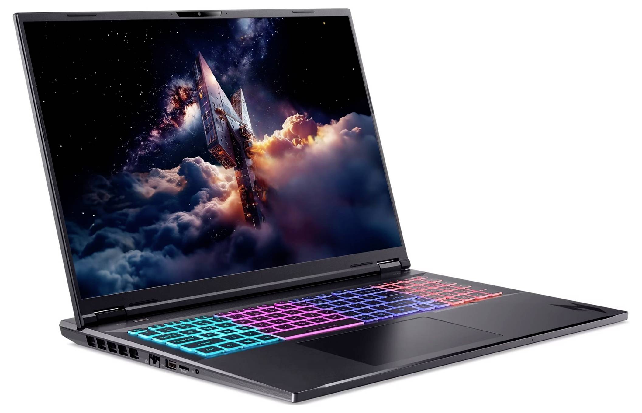 Ein Laptop mit einer farbenfrohen beleuchteten Tastatur zeigt ein lebendiges weltraumthematisches Bild auf dem Bildschirm, das eine Rakete inmitten von Wolken und Sternen darstellt.
