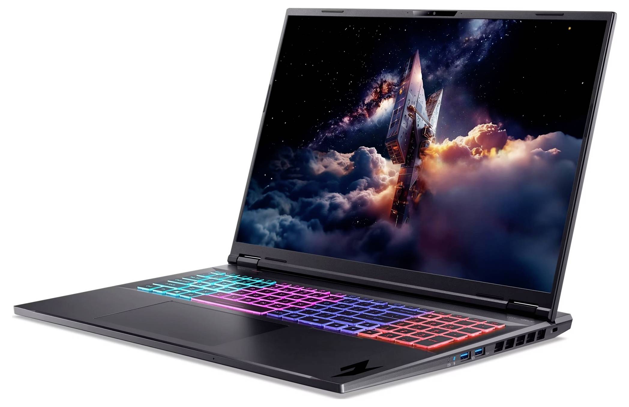 Ein Gaming-Laptop mit einer farbenfrohen beleuchteten Tastatur zeigt ein lebendiges weltraumthematisches Hintergrundbild, das ein Raumschiff zeigt, das durch Wolken gleitet.