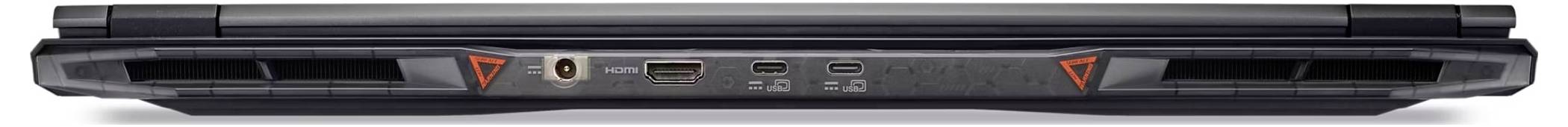 Rückansicht eines Laptops mit Lüftungsschlitzen, Stromanschluss, USB-C-Anschluss, HDMI-Anschluss und Ethernet-Anschluss in der Mitte.