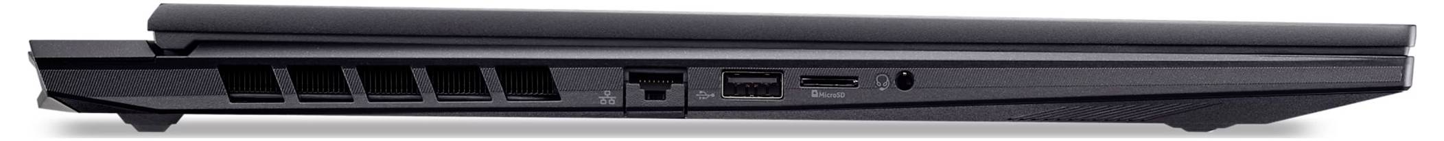Seitenansicht eines geschlossenen schwarzen Laptops mit Lüftungsschlitzen, USB-Anschlüssen und anderen Anschlussmöglichkeiten.