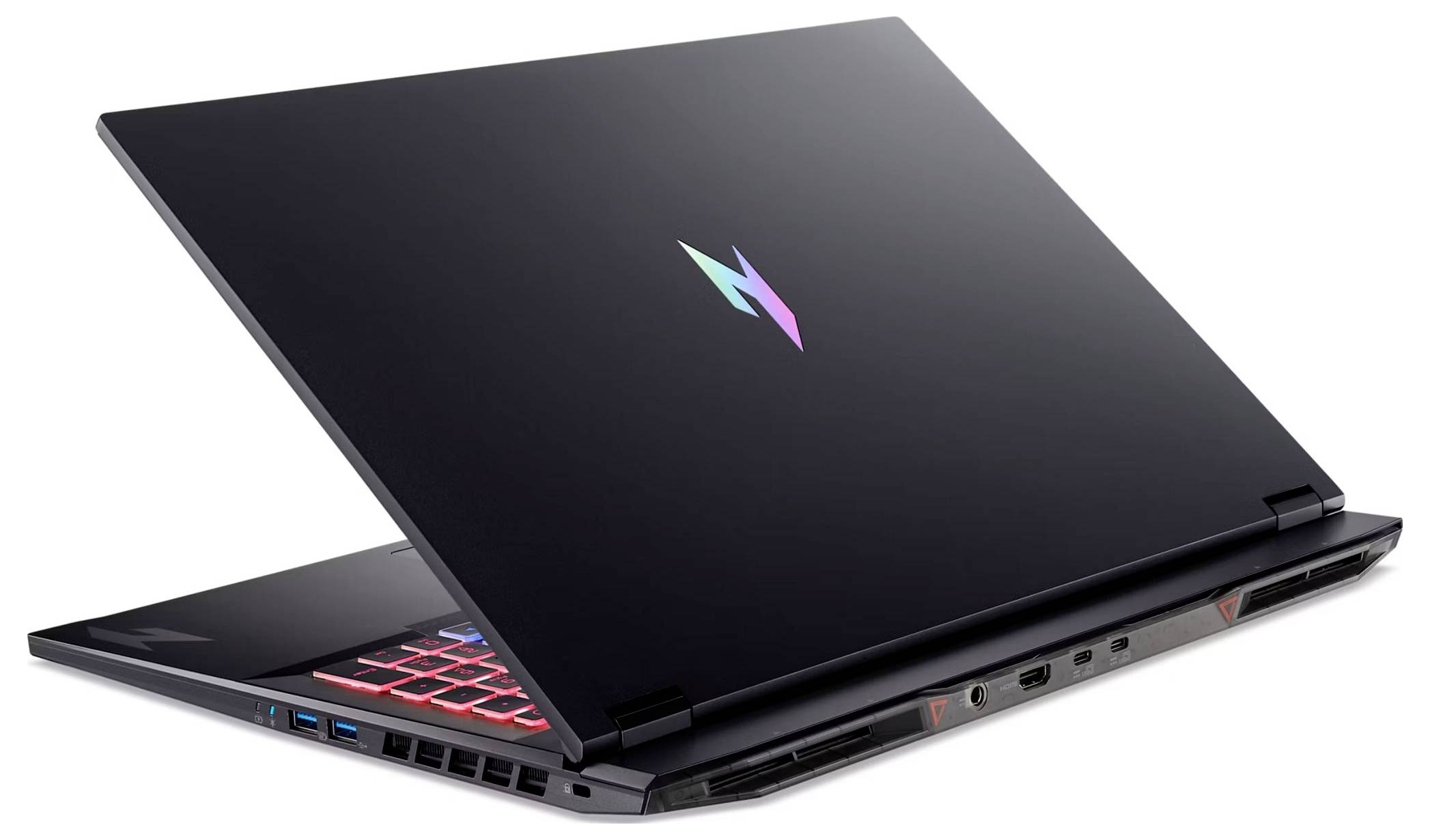 Ein schlanker, schwarzer Gaming-Laptop, teilweise geöffnet, zeigt farbenfrohe Beleuchtung auf der Tastatur und betont dadurch sein modernes und stilvolles Design.