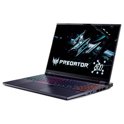 Ein Laptop, der eine futuristische Schnittstelle mit dem 'Predator' Logo auf dem Bildschirm zeigt. Die Tastatur ist mit bunten Lichtern hintergrundbeleuchtet.