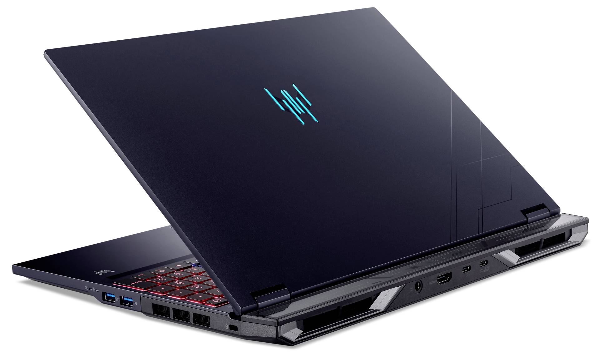 Ein schlankes, offenes Laptop mit modernem Design, das mit rot hintergrundbeleuchteten Tasten und einem leuchtenden Logo auf dem Deckel ausgestattet ist.