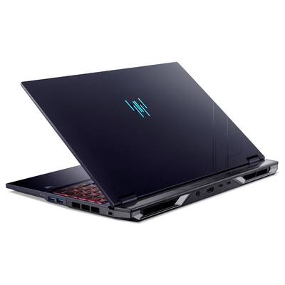 Ein schlankes, offenes Laptop mit modernem Design, das mit rot hintergrundbeleuchteten Tasten und einem leuchtenden Logo auf dem Deckel ausgestattet ist.