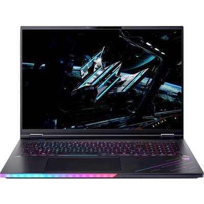 Ein Gaming-Laptop mit einer farbenfrohen beleuchteten Tastatur zeigt einen futuristischen Videospiel-Bildschirm mit einem scharfen, metallischen Emblem vor einem weltraumthematischen Hintergrund.