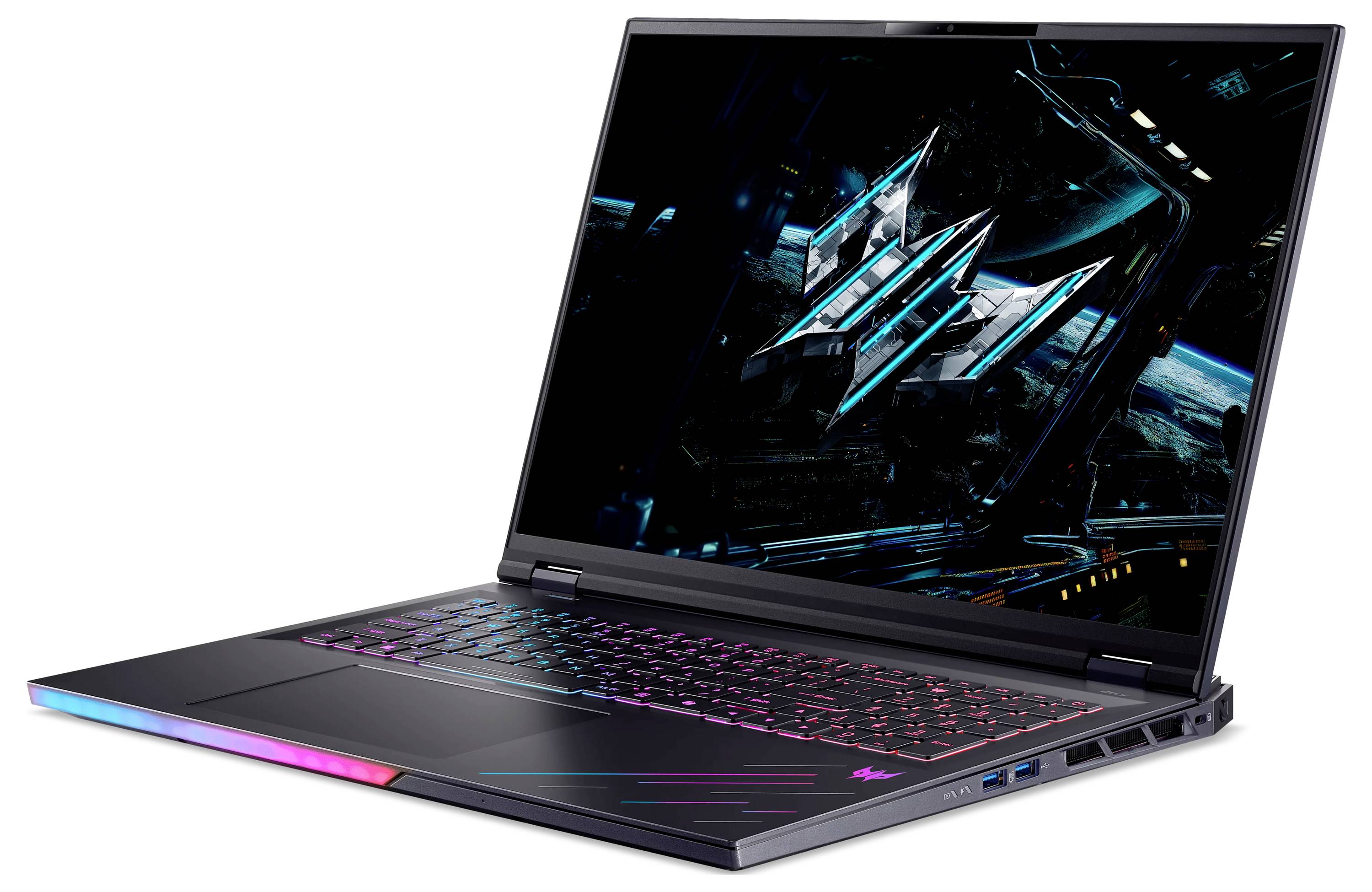 Ein schlankes, offenes Laptop mit beleuchteter Tastatur und einem Gaming-Themen-Bildschirm, der in einem Winkel präsentiert wird und dabei sein modernes Design und seine Ästhetik hervorhebt.