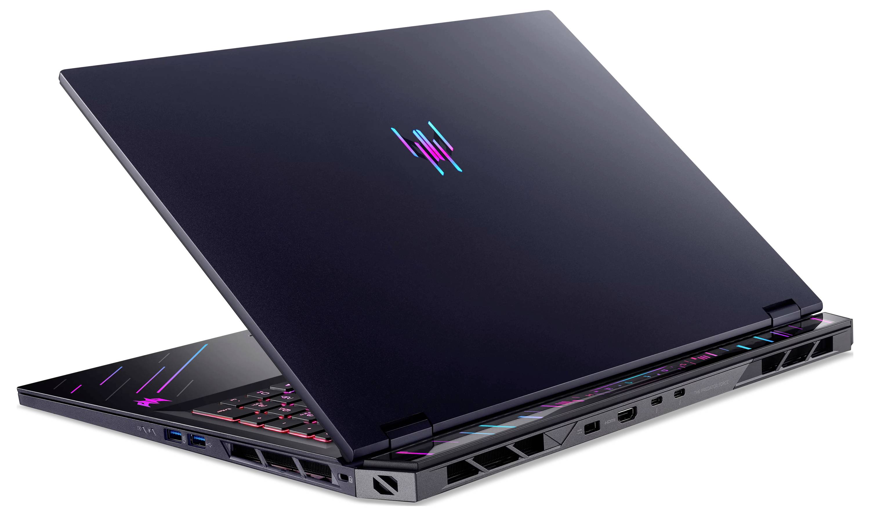 Ein schlankes schwarzes Gaming-Laptop, leicht geöffnet, mit bunten LED-Lichtern auf der Tastatur und dem Logo, die ein modernes Design betonen.