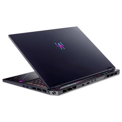 Ein schlankes schwarzes Gaming-Laptop, leicht geöffnet, mit bunten LED-Lichtern auf der Tastatur und dem Logo, die ein modernes Design betonen.