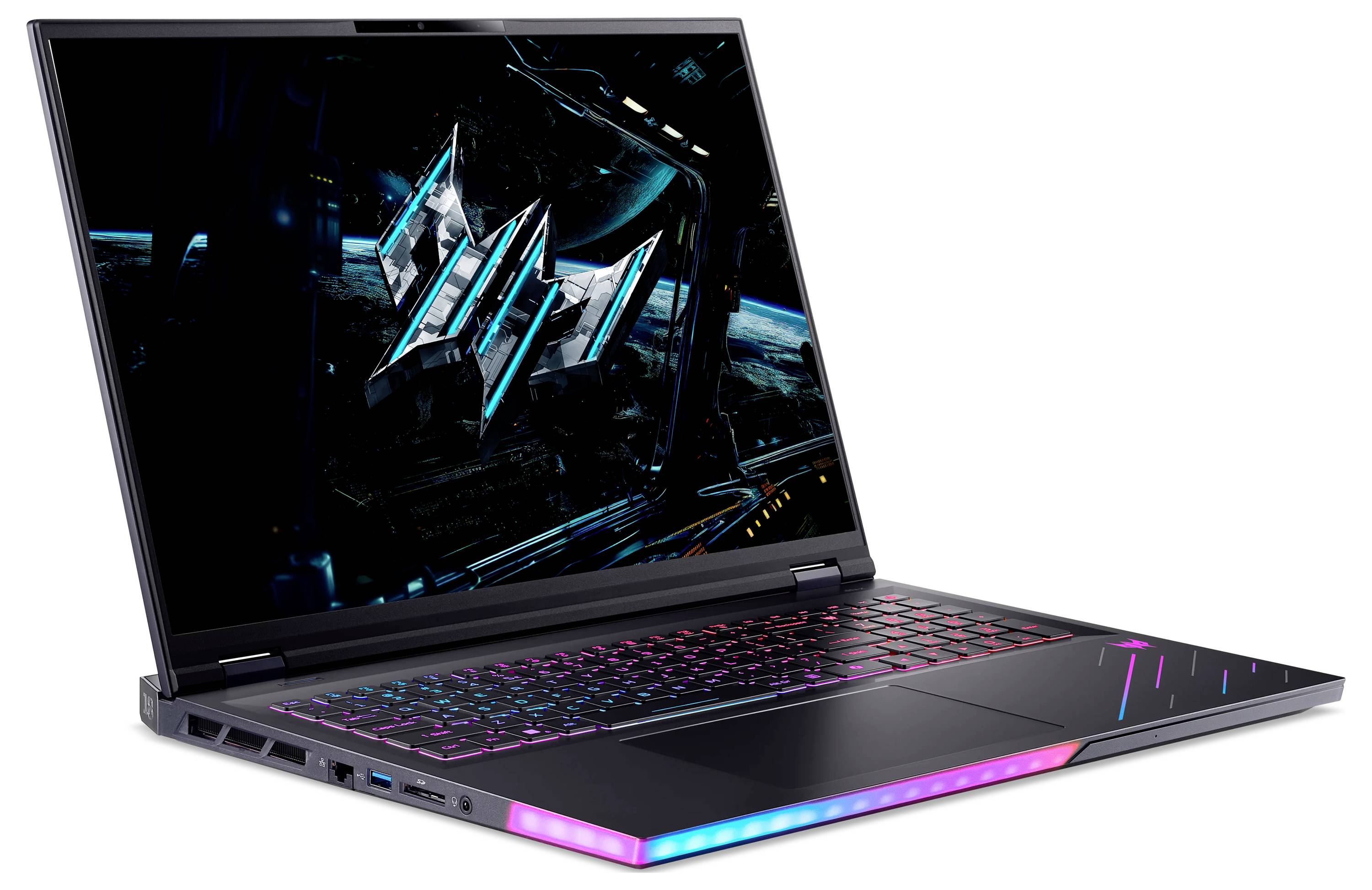 Ein schlankes Laptop mit futuristischem Design, ausgestattet mit einer leuchtenden Tastatur und einem brillanten Bildschirm, auf dem eine Science-Fiction-Grafik zu sehen ist.