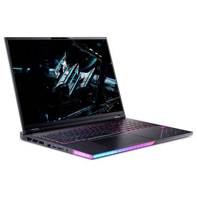 Ein schlankes Laptop mit futuristischem Design, ausgestattet mit einer leuchtenden Tastatur und einem brillanten Bildschirm, auf dem eine Science-Fiction-Grafik zu sehen ist.
