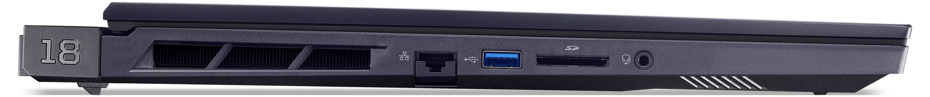 Seitenansicht eines schwarzen Laptops mit mehreren Anschlüssen wie USB, Ethernet und Kopfhörerbuchse, links am Rand mit '18' beschriftet.