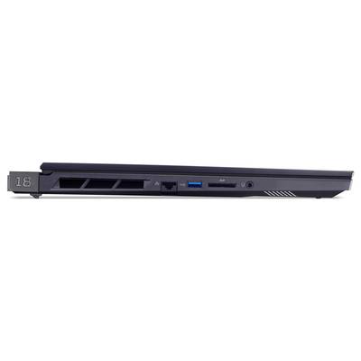 Seitenansicht eines schwarzen Laptops mit mehreren Anschlüssen wie USB, Ethernet und Kopfhörerbuchse, links am Rand mit '18' beschriftet.